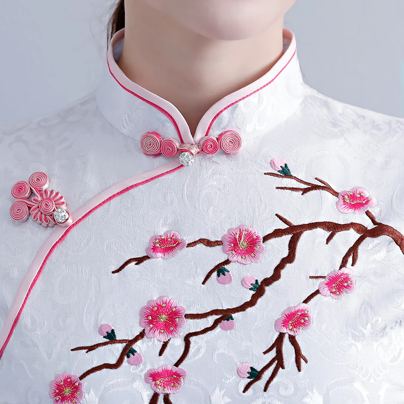 Новая мода по колено Cheongsam китайский стиль воротник стойка платье женские летние Qipao Тонкий платья для вечеринок Vestido