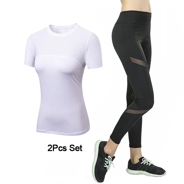 White 2Pcs set Быстросохнущая сетчатая спортивная одежда, женский спортивный костюм, 2 предмета, одежда для спортзала, йоги, сетчатый спортивный костюм для фитнеса, Женский Топ, леггинсы, Женский комплект для йоги s - Цвет: White 2Pcs set