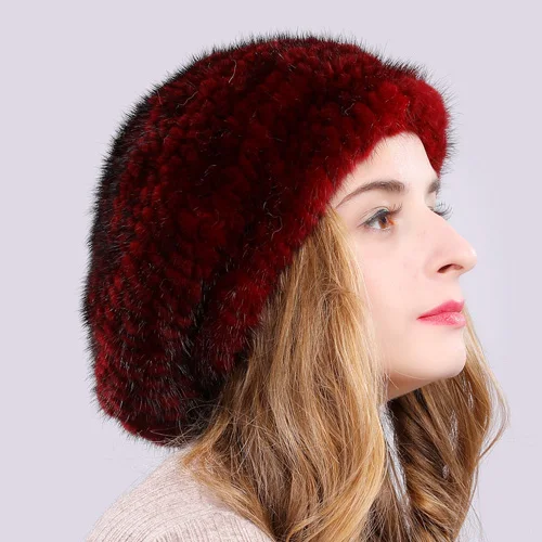 wine red Новинка, стильные зимние шапки из натурального меха норки, женские вязаные шапки из натурального меха норки, женские эластичные шапки из меха норки - Цвет: wine red