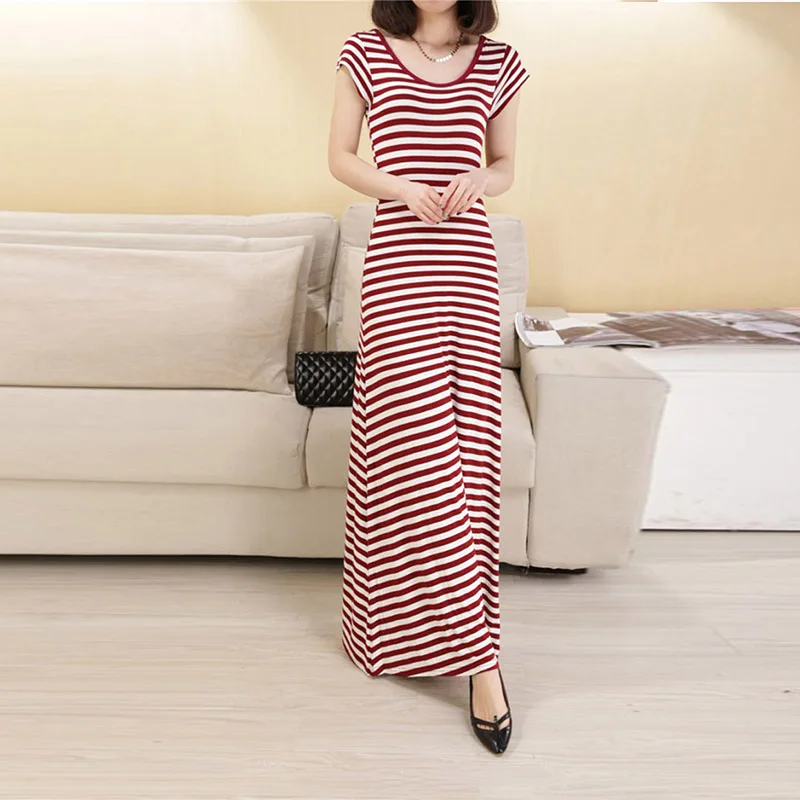 

Women Short Sleeve Plus Casual O-Neck Solid Dress Summer Long Dress New Pattern Thin Elastic Leisure Dresses