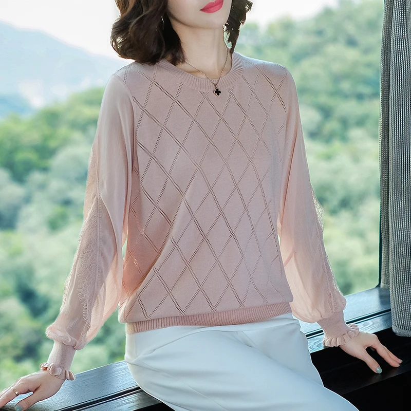 Brand Knit Sweater 2019 Spring Fall Women New Pure Color Panel Lace Lantern Sleeve Casual O-neck Pullover Female | Женская одежда