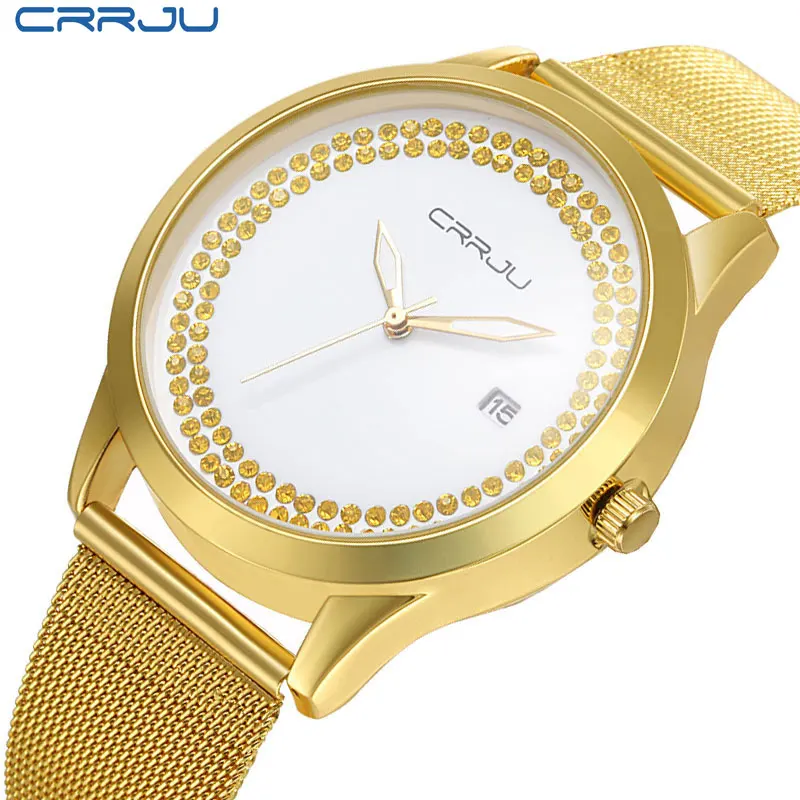 Модный дизайн CRRJU Роскошные брендовые золотые часы женские повседневные