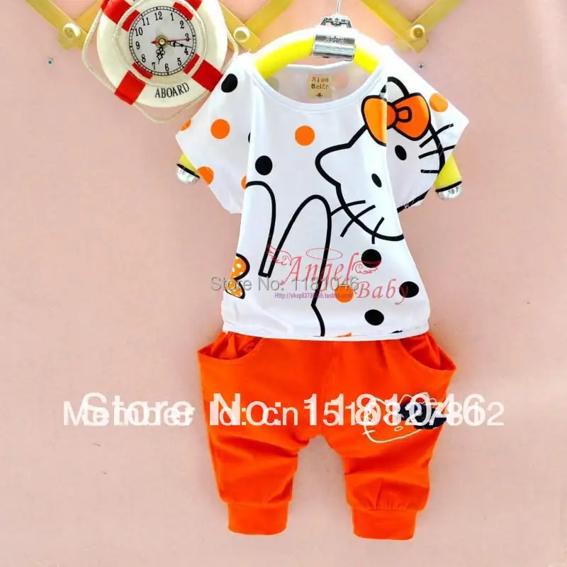 Hot selling summer baby girl clothes set cartoon batwing tees+shorts 2 pcs chidlren's suit Hello Kitty tracksuit L004 | Мать и
