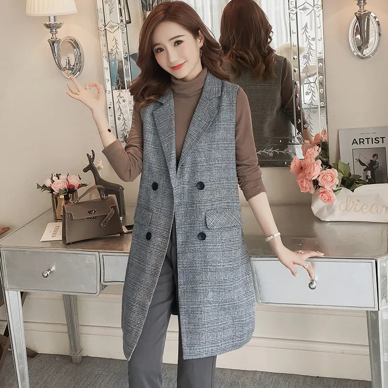 

Hiawatha Blazer Feminino 2020 Korean Long Plaid Vest Blazer Women Autumn Sleeveless Double Breasted Blazers BL049