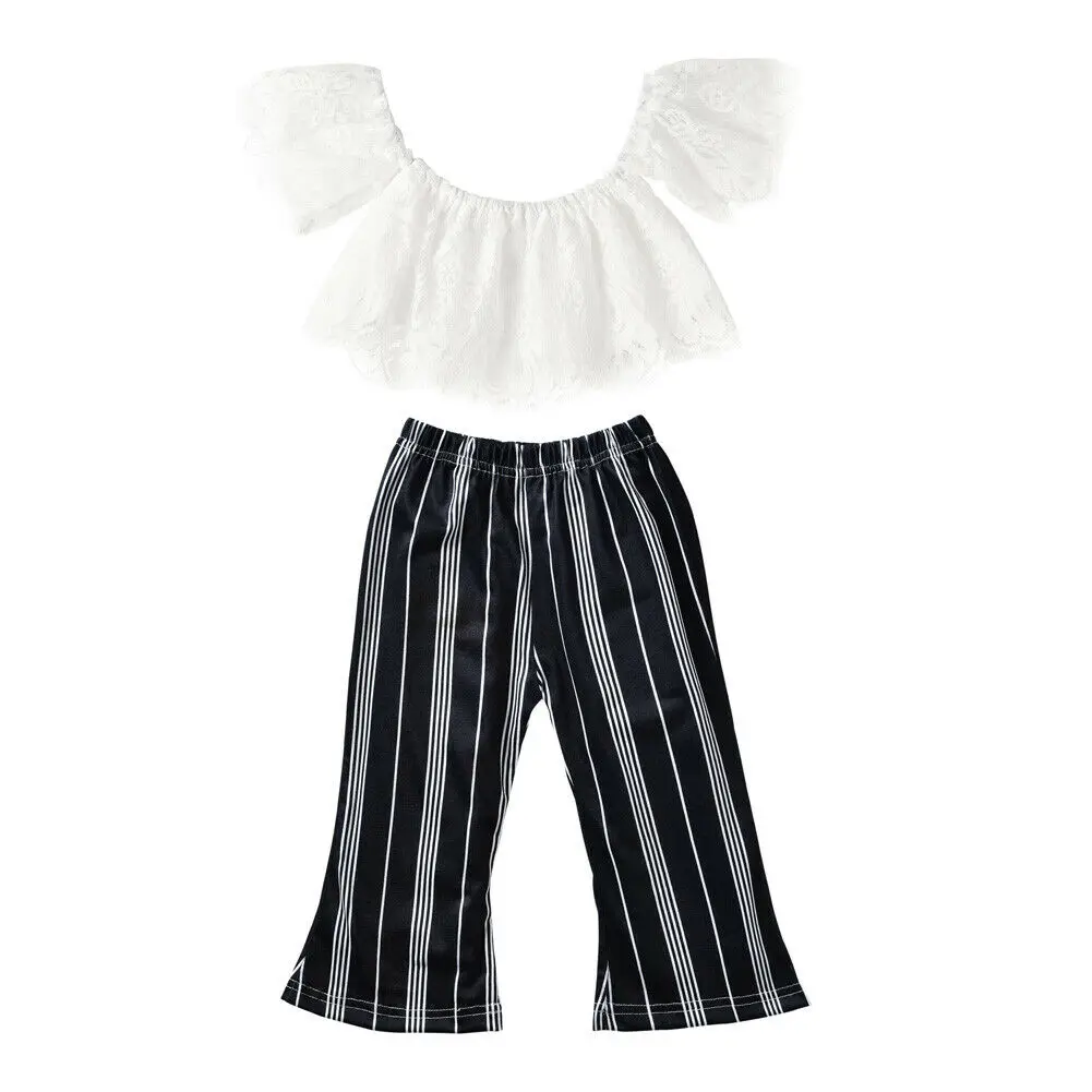 Модные короткие кружевные топы для маленьких девочек свободные штаны в полоску