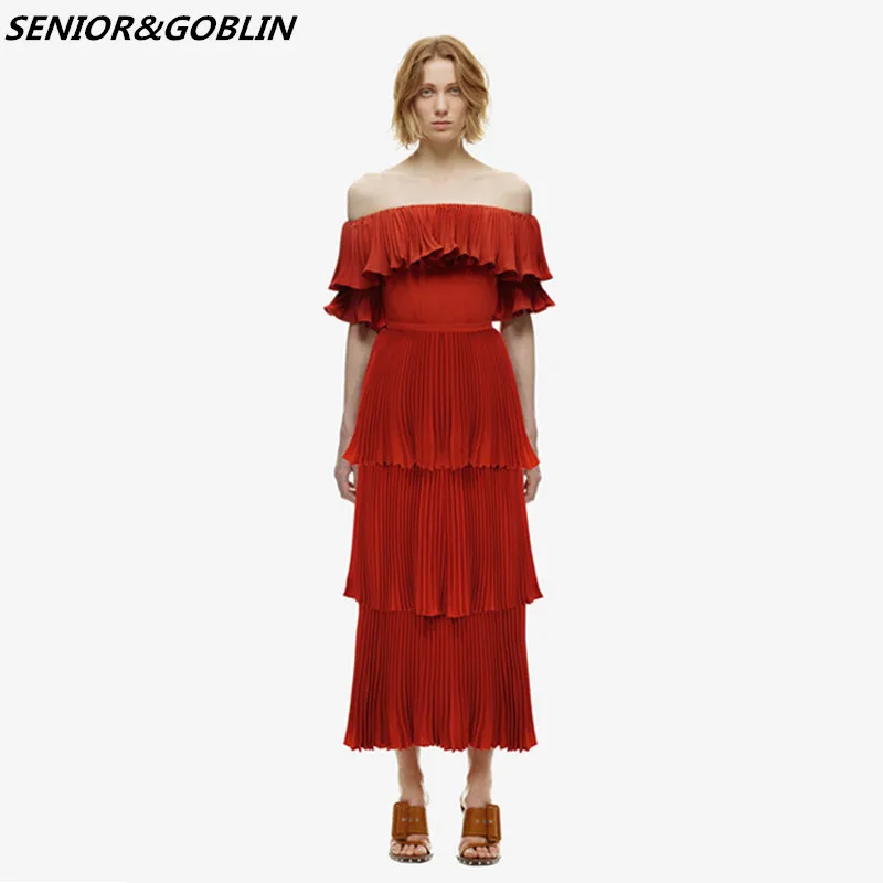 

Женское длинное платье с открытыми плечами, красное плиссированное пляжное платье с широким подолом, лето