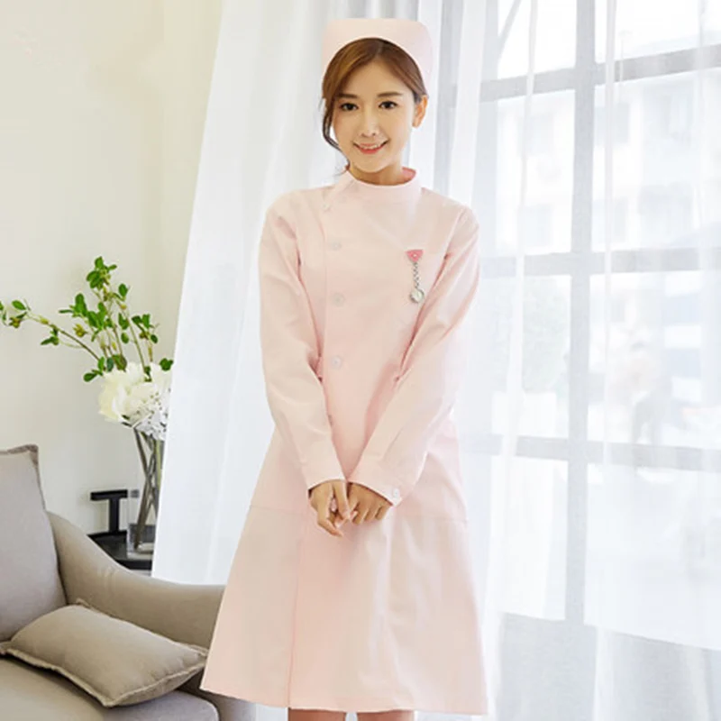 Pink female nurses wear short - sleeved baby neck length lab coat in beauty salon | Тематическая одежда и униформа