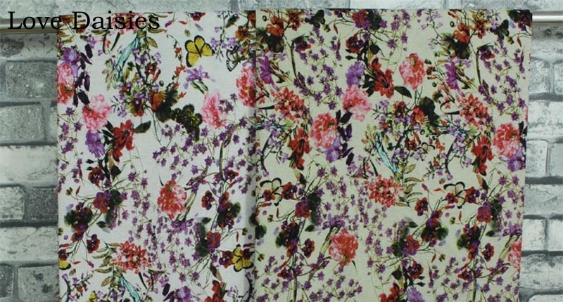 Cotton/Linen Textile WHITE BEIGE Green Garden Purple Pink Red Flower Buttefly Fabrics for Tablecloth Curtain Apparel Dress Craft | Дом и сад