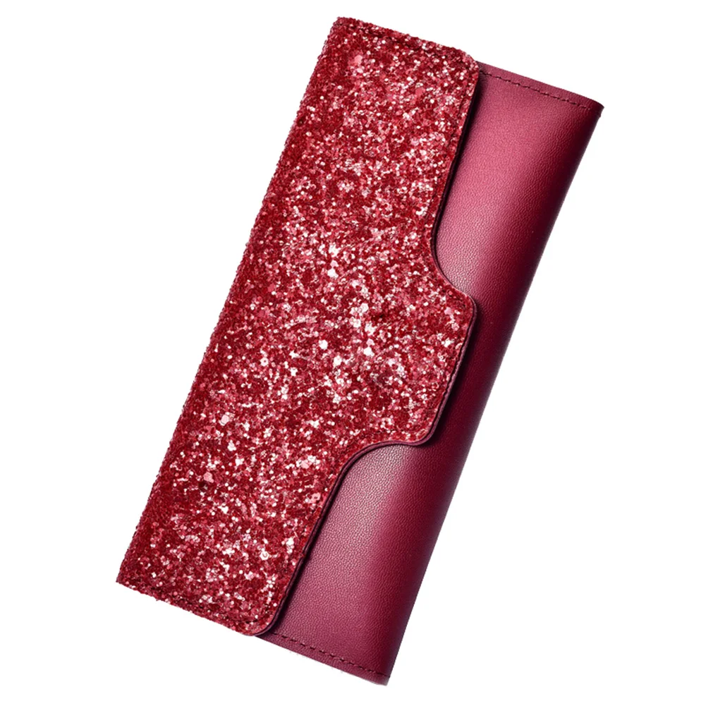 Wine Red Модный женский блестящий длинный кошелек с блестками и тремя отделениями для карт, клатч, кошелек, сумка для телефона - Цвет: Wine Red
