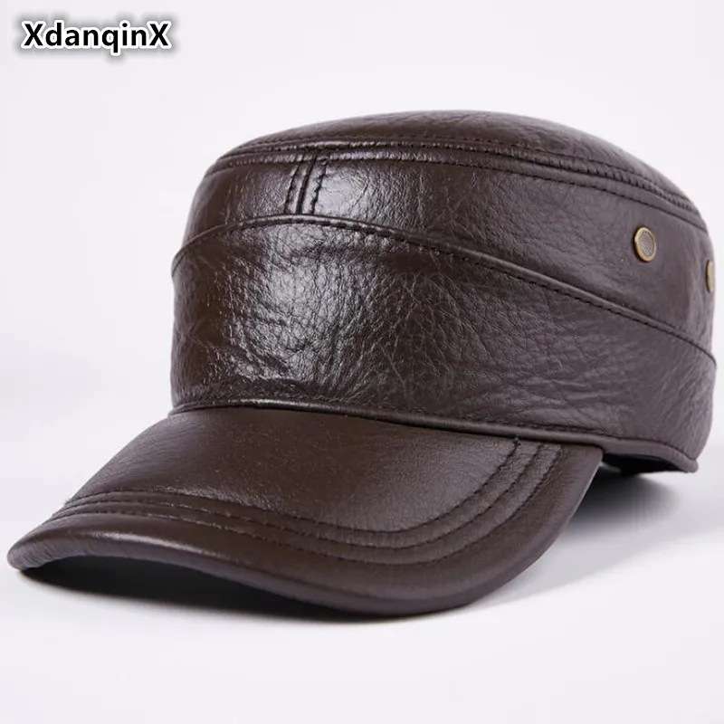 

XdanqinX 2019 зимняя новая стильная теплая шапка из натуральной кожи мужские бейсболки из воловьей кожи с наушниками регулируемый размер плоская кепка