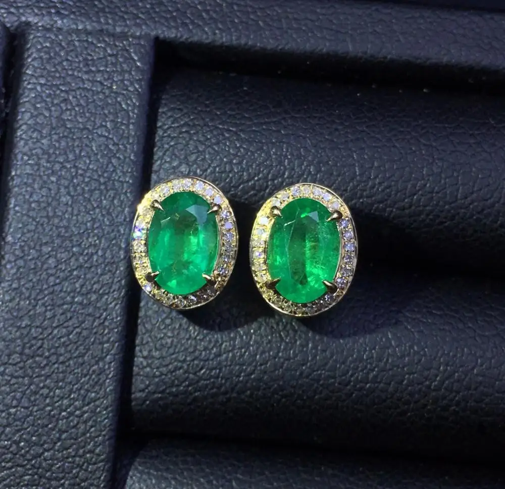 Изумрудные серьги гвоздики чистое золото 18 К ювелирные изделия натуральный
