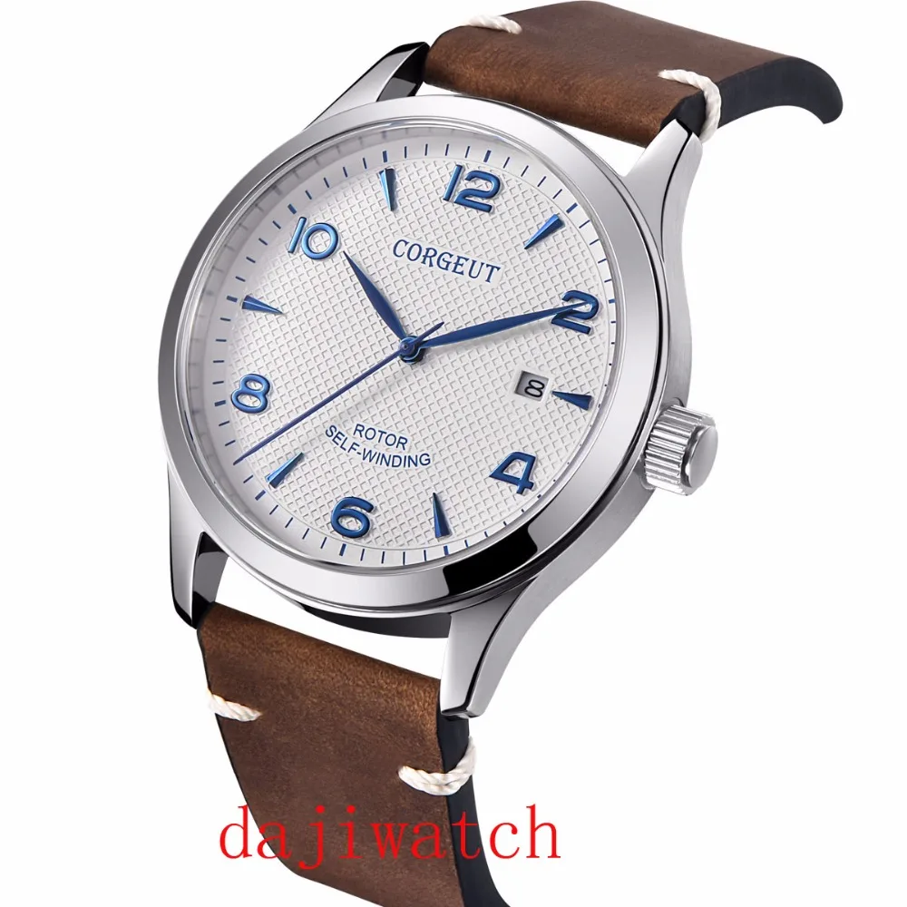 Мужские автоматические часы 42mmCorgeut PARNISmostrador branco azul marca prata Escovado caso Vidro de Safira|Мужские