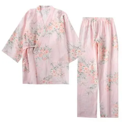 Spring New Comfort Japanese Kimono Pajamas Set Ladies Flower Gauze Cotton Thin Sweat Steaming Suit Cardigan Home Service
