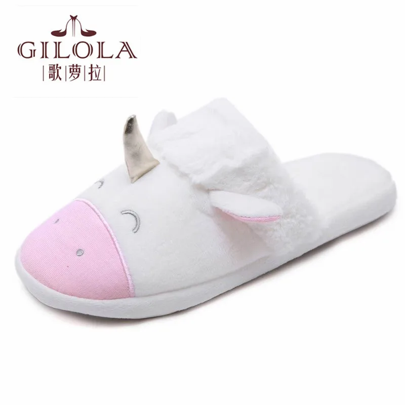 Зимние теплые женские тапочки с единорогом домашняя женская обувь плюшевые