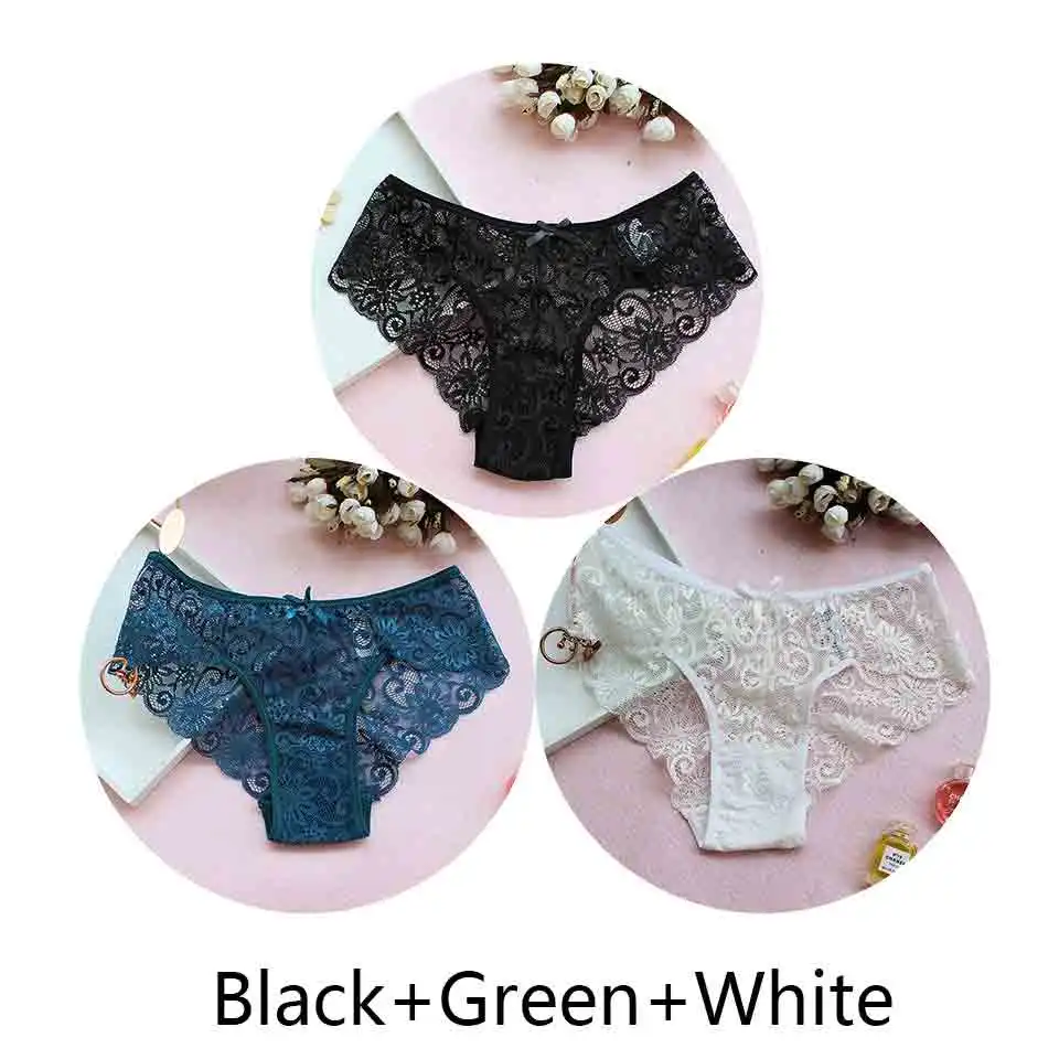 balck green white 3 шт./лот ЕС размера плюс трусики женские сексуальные кружевные трусы прозрачное дышащее белье женские бесшовные трусы Высокое качество Новинка - Цвет: balck green white