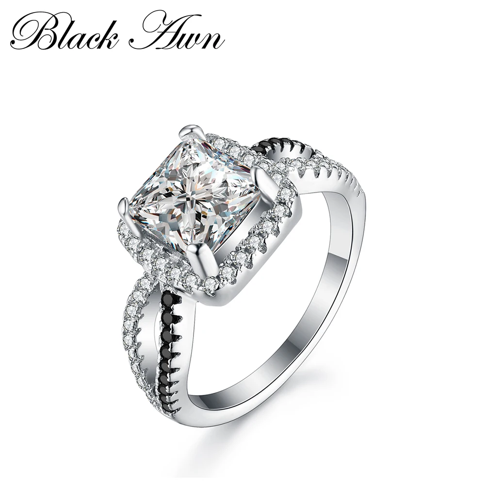 

[BLACK AWN] 100% Genuine 925 Sterling Silver Ring Jewelry Square Black&White Stone Engagement Rings for Women Bague Bijoux C184