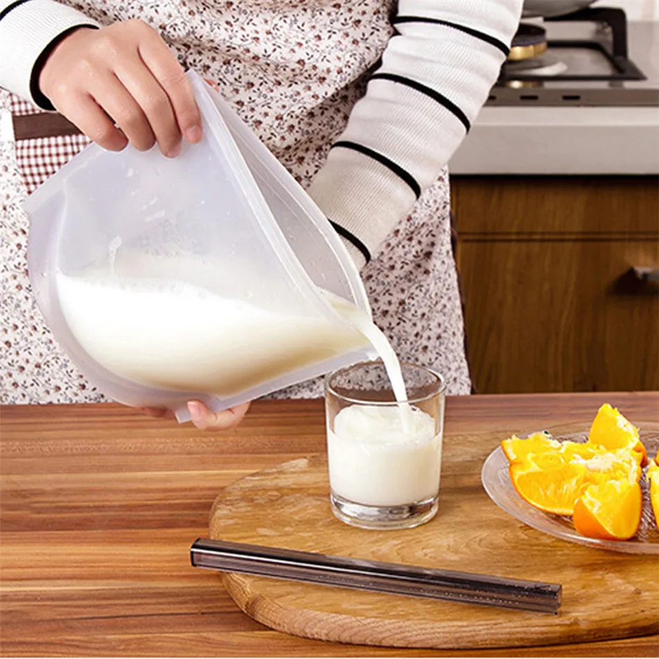 

4Pcs Reusable Silicone Vacuum Seal Food Fresh Bag Fruit Meat Milk Storage Containers Refrigerator Bag Ziplock Kitchen Organizer