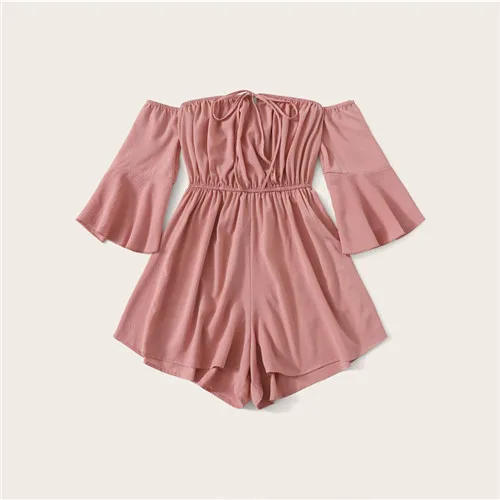 Розовый Dotfashion розовый однотонный комбинезон с завязками спереди и открытыми плечами для женщин летний повседневный комбинезон с рукавами-воланами для девушек с высокой талией и широкими штанинами - Цвет: Розовый