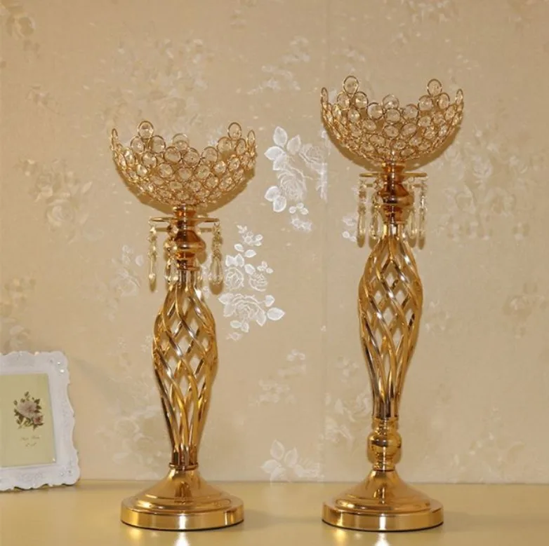 

10PCS/LOT Metal Gold/Silver Candle Holders With Crystals 55/49CM Stand Pillar Candlestick For Wedding Portavelas Candelabra