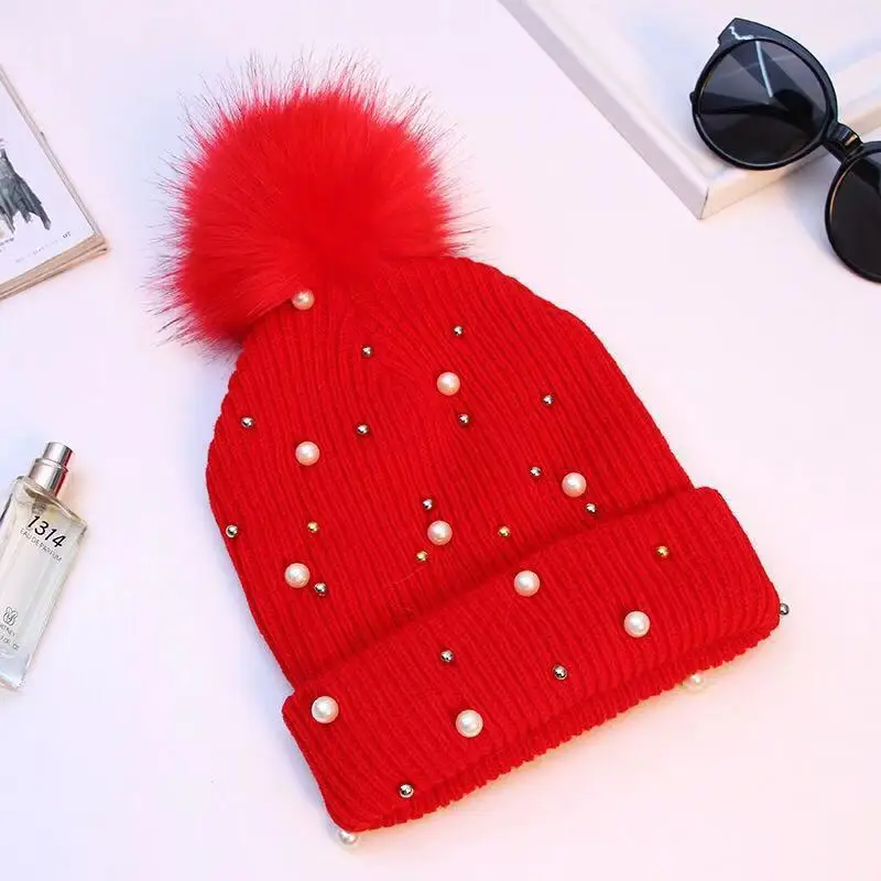 Модная теплая зимняя шапка для женщин, одноцветная вязаная шапка Skullie, женские шапочки с помпоном, шапки с помпонами, женская уличная шапка