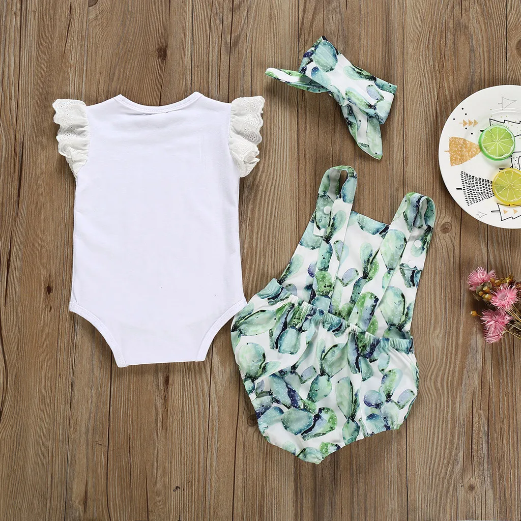 Baby Girl clothes Sleeveless Romper Cactus Print+Suspenders Jumpsuit+Headband 3pcs Set Toddler Infant Kids Summer Outfits