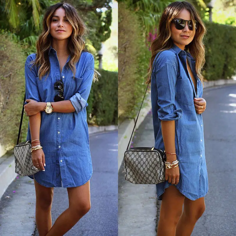 Women Denim Blue Casual Top Pocket Button Long Sleeve Single Breasted cardigan basic Jeans Shirt Harajuku Elegant blouse femme | Женская
