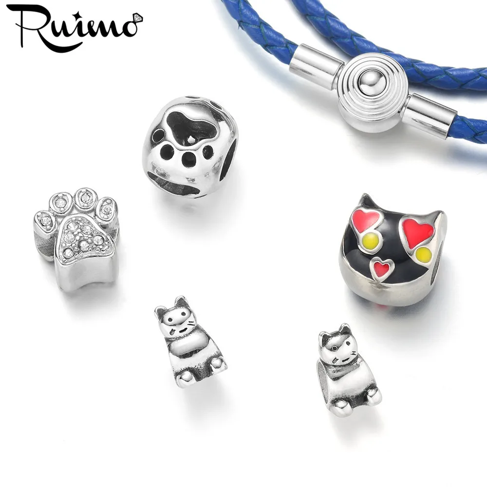 Женский браслет из натуральной кожи с бусинами и котом | Украшения аксессуары