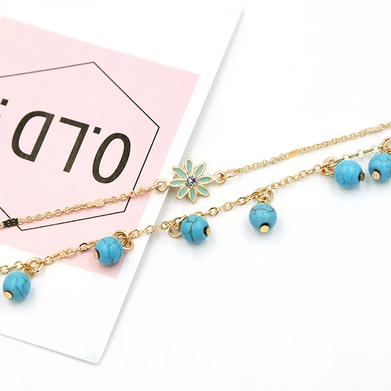 New Arrival Double Chain Turquise Beads Pendant Anklet Foot For Woman Summer Bracelet Charm Anklets Jewelry Gift | Украшения и