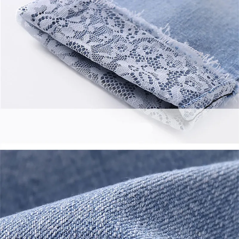 Джинсовые штаны капри с кружевом для девочек подростков короткие обтягивающие