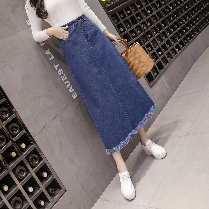 Женская джинсовая юбка с завышенной талией длинная большого размера в Корейском