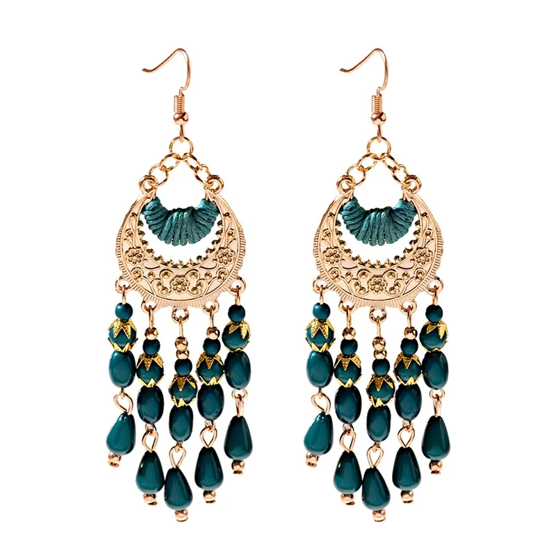 HXE186-4 Винтажный этнический богемный белого бисера серьги jhumka с геометрическим рисунком с металлической кисточкой индийские серьги тибетские украшения - Окраска металла: HXE186-4