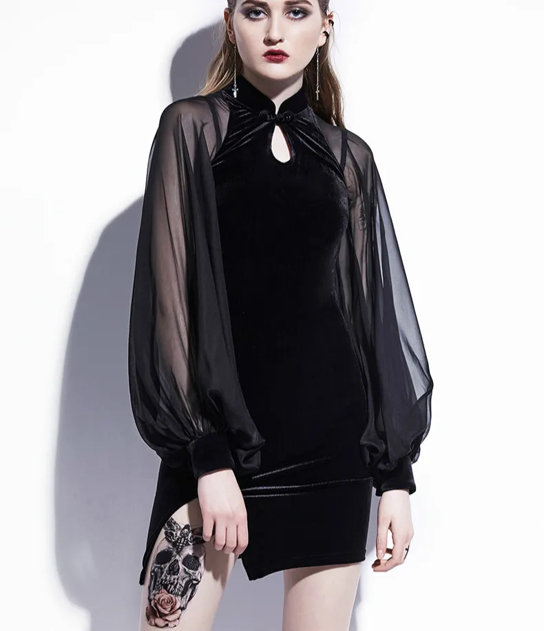 Женское велюровое платье Ципао с длинным рукавом фонариком весеннее Черное