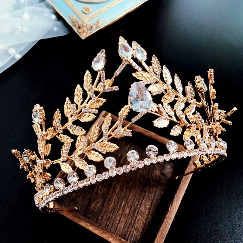 Himstory Luxurious Gold Wedding Crown Tiaras Cubic Zirconia Girls Olive Branch Headband Bridal Hairwear Accessories | Украшения и