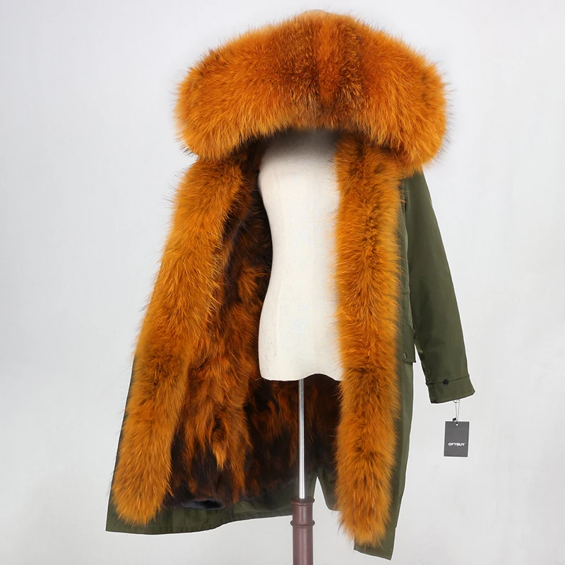red orange Верхняя одежда из водонепроницаемой ткани OFTBUY, длинная парка, зимняя куртка, женская шуба из натурального Лисьего меха, воротник из натурального меха енота, капюшон, уличная одежда - Цвет: red orange