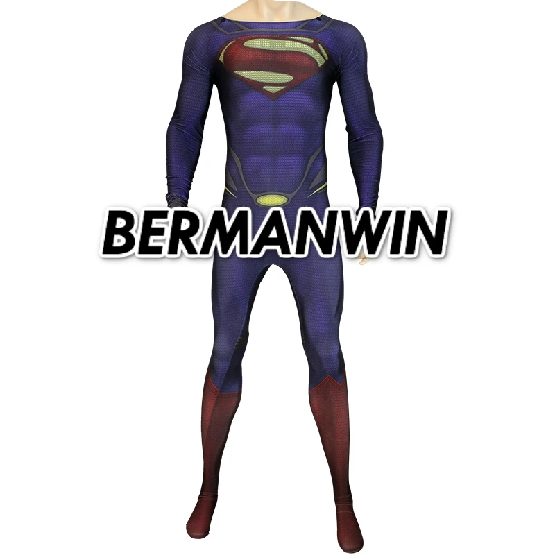 BERMANWIN Высокое качество Супермен костюм Человек стальной костюм 3D принт Супермен костюм накидка Хэллоуин Косплей Костюм взрослых мужчин