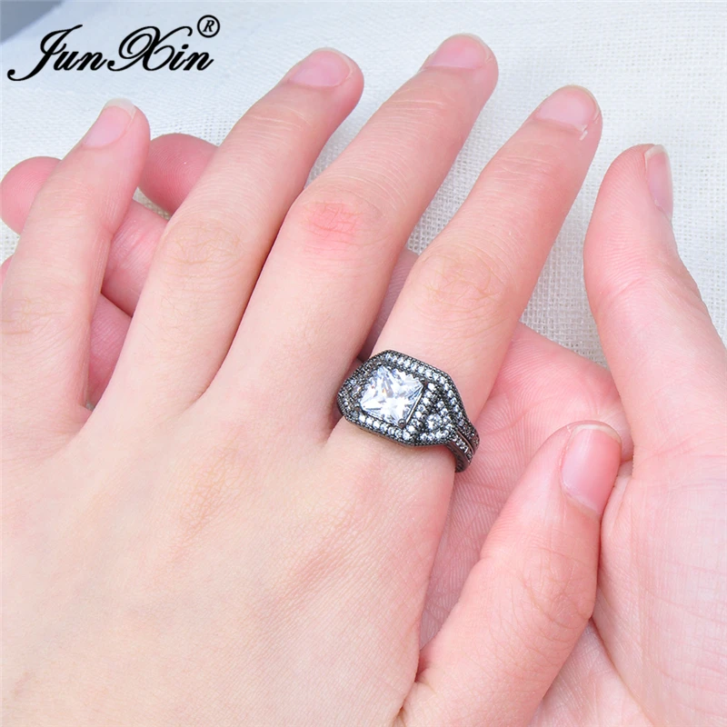 

JUNXIN Crystal Geometric White Ring Sets For Wedding Black Gold Filled Jewelry Brand Fashion Men Women Engagement Rings