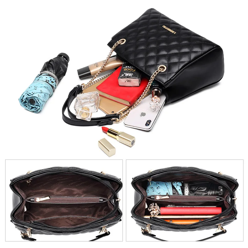 

Laorentou Brand Women Diamond Lattice Split Leather Handbag Elegant Lady Fashion Chain Shoulder Bags Large Capacity Stylish Bags