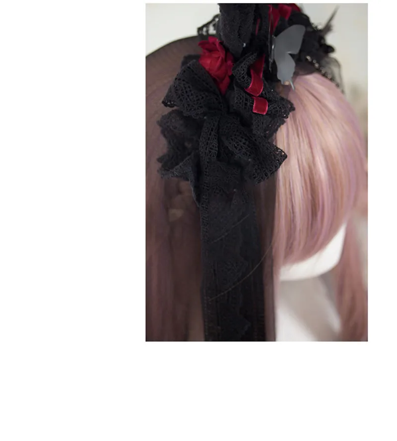 

1pcs Princess Sweet Lolita Rose Hair Rabbit Ear Headband Japanese Harajuku Headwear Gothic Lace Yarn Hair Cosplay Accessory