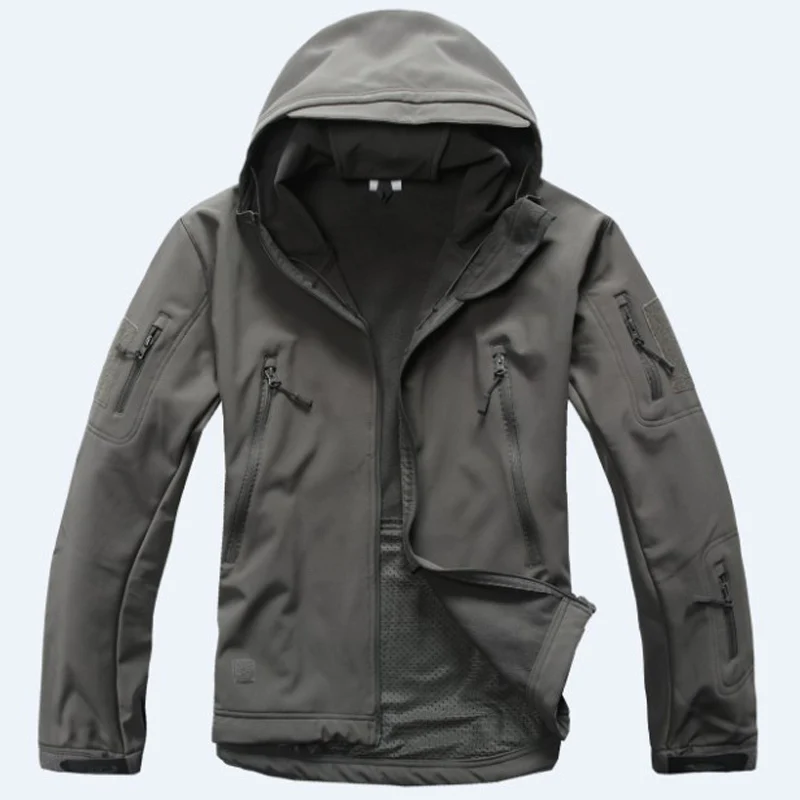 Gray Горячая XS-5XL мягкая оболочка Мужская тактическая тренировочная Акула кожа флисовая куртка брюки для отдыха на открытом воздухе Кемпинг Охота Туризм Скалолазание пальто брюки - Цвет: Gray