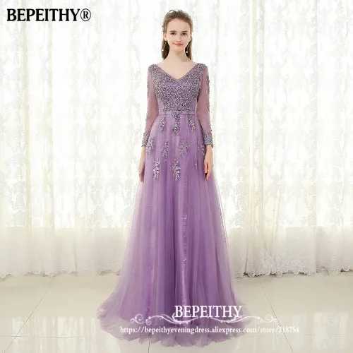 Фиолетовый BEPEITHY фиолетовое длинное вечернее платье с длинными рукавами vestido de festa кружевное винтажное элегантное выпускное платье с v-образным вырезом - Цвет: Фиолетовый