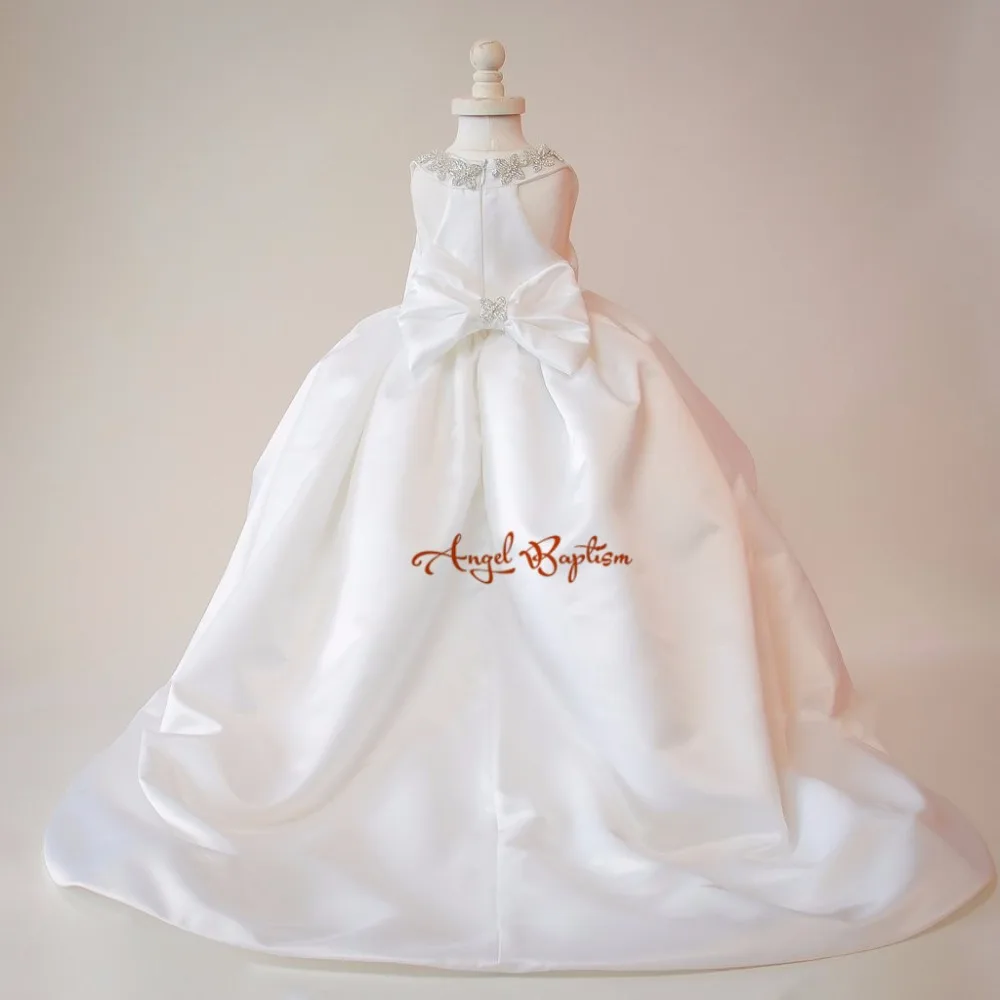 Gorgeous white/ivory flower girl dresses rhinestones V-neck satin toddler pageant infant 1 year birthday dress with long train | Детская