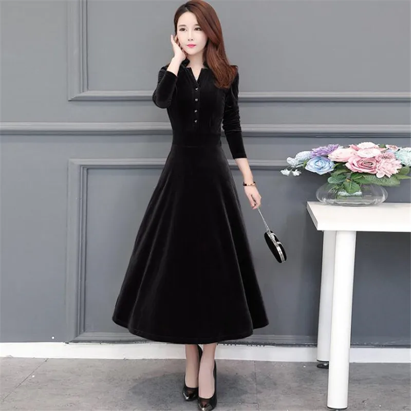 Высококачественное женское осенне зимнее платье винтажное однотонное бархатное