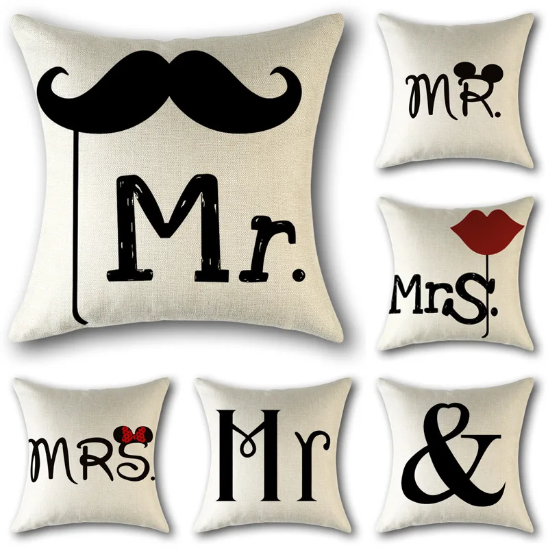 

Love Couple Heart Linen Throw Pillow Case Letter Mr and Mrs Pillow Cover Cushion Cover for Home Wedding Decoration Pillowcases