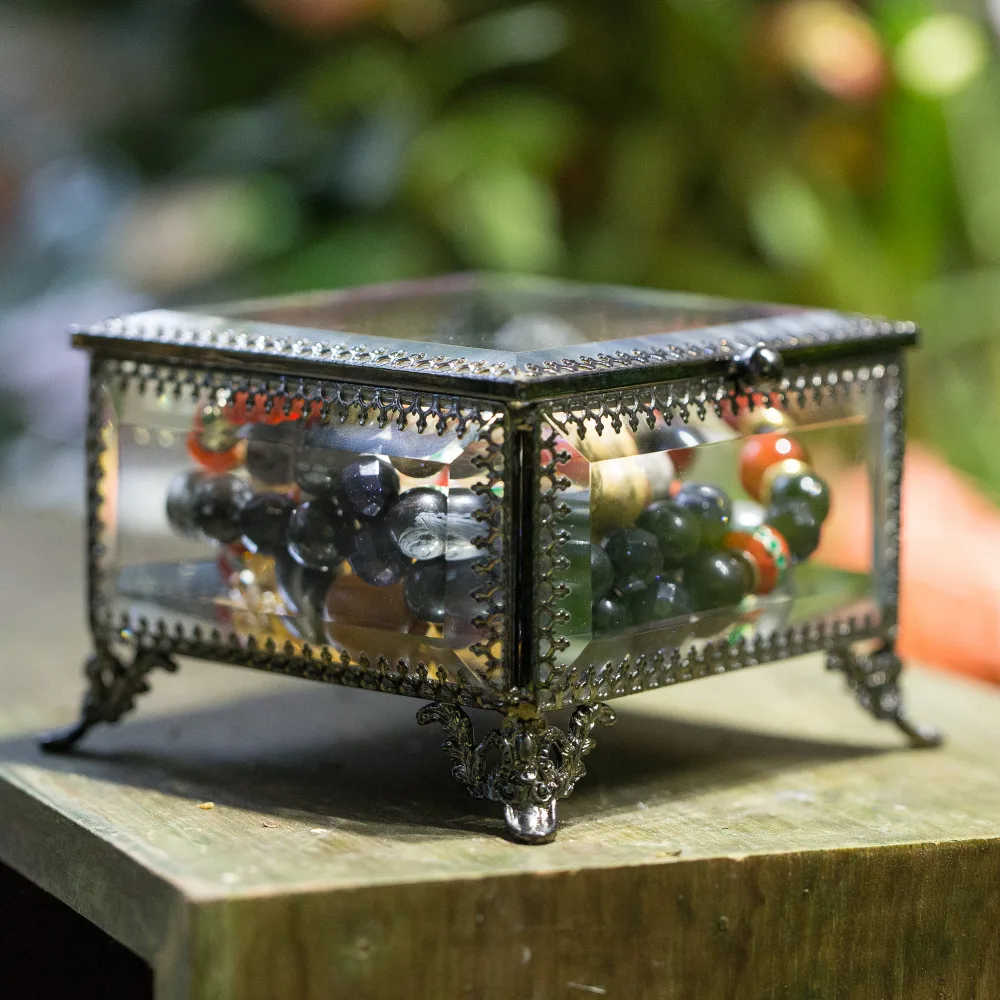 Ncyp Винтаж Грановитая Квадратные Зеркальные латунь Стекло Box ювелирные изделия