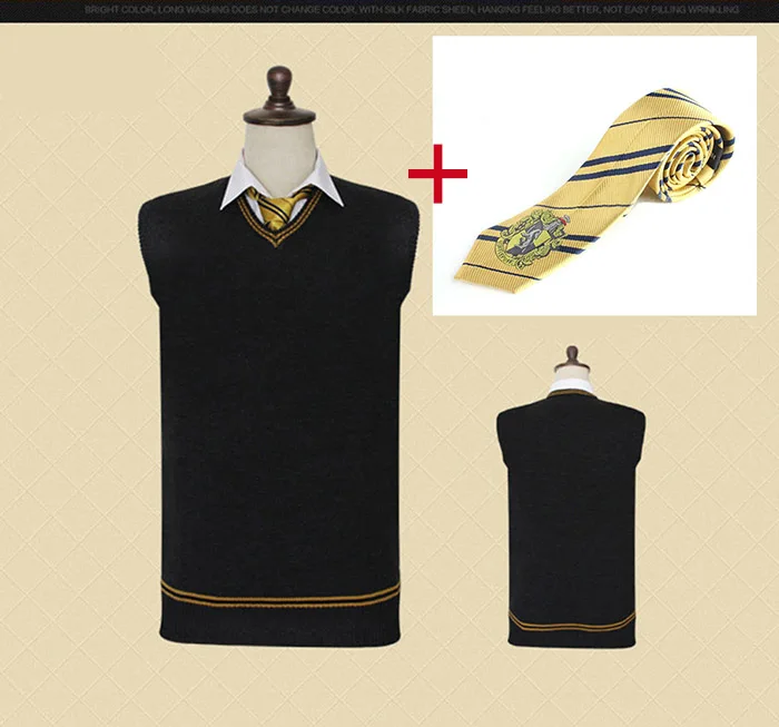Gryffindor Slytherin Ravenclaw Hufflepuff свитер в стиле Гарри Поттера с галстуком жилет черный Универсальный повседневная одежда для косплея костюмы - Цвет: Hufflepuff With tie