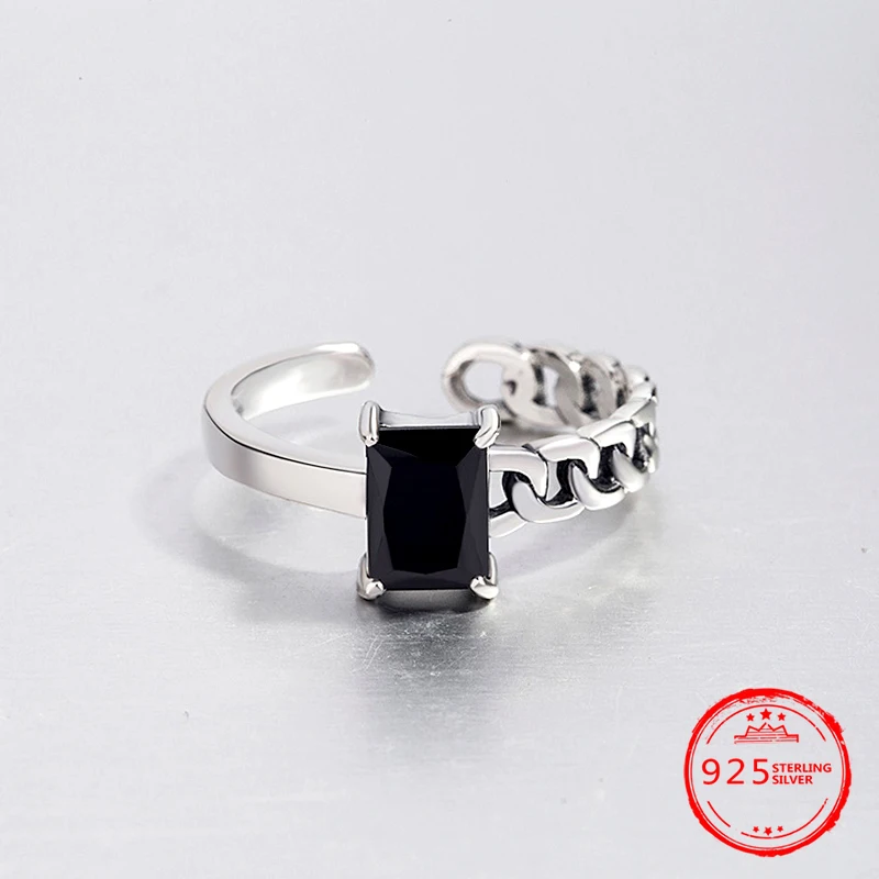 

925 Silver Retro Vintage Black Zircon Chian Open Ring Indian Jewelry