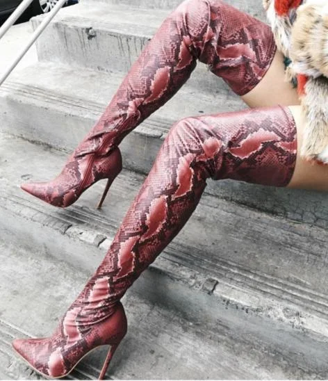 Spring New Brand Woman Python Snake Skin Pu Stiletto Heels Pointed Toe Slim Over The Knee Thigh Long Boots Burgundy Plus Size | Обувь