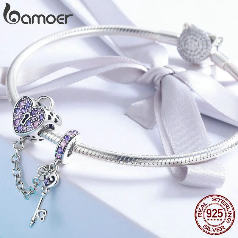 BAMOER, 925 пробы, серебряный ключ, сердце, замок, кристалл, CZ цепь, талисманы, подходят для шарма, браслеты и ожерелья, цепочка, ювелирное изделие SCC772