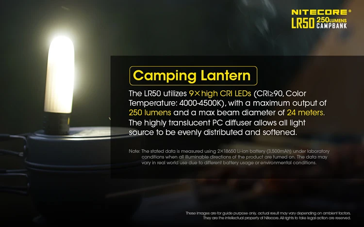 NITECORE LR50 перезаряжаемый фонарь для кемпинга и внешний аккумулятор и зарядное устройство 9x светодиоды с высоким цветопередачей используются 18650 CR123A батарея