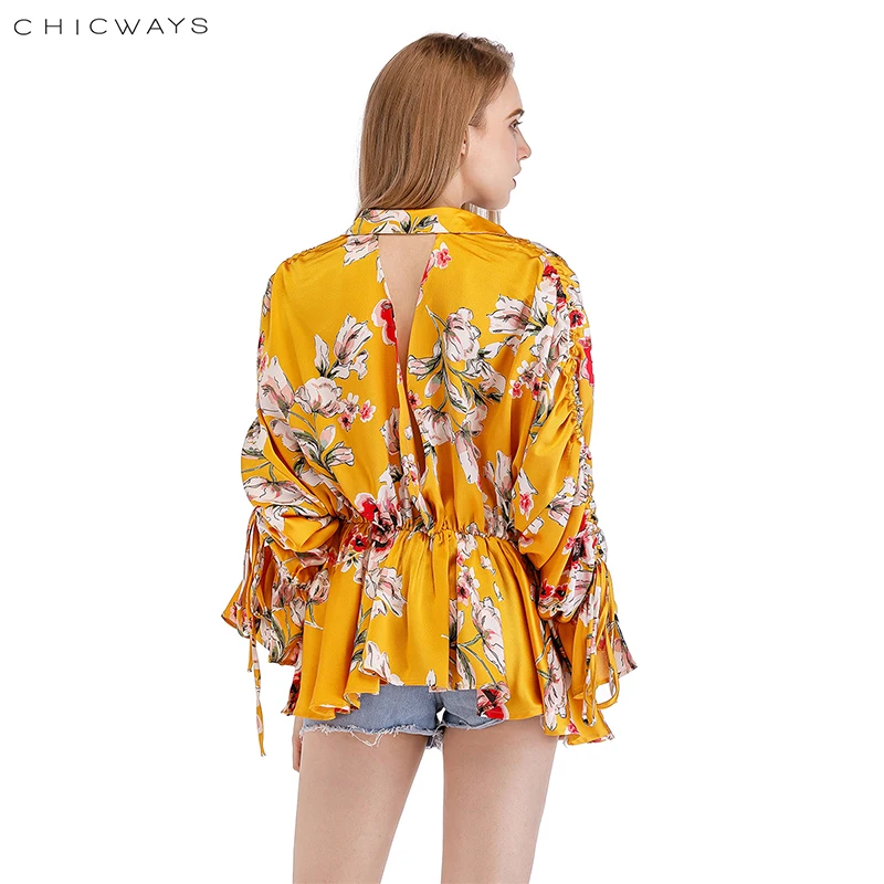 CHICWAYS Мода печати шелковые Сатиновые блузки свободные для женщин V шеи Ruched Drawstring